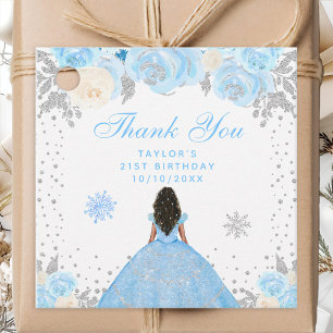 Blue Winter Dark Skin Princess Birthday Party Favour Tags