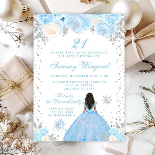 Blue Winter Dark Skin Princess Birthday Party Invitation (Creator Uploaded)