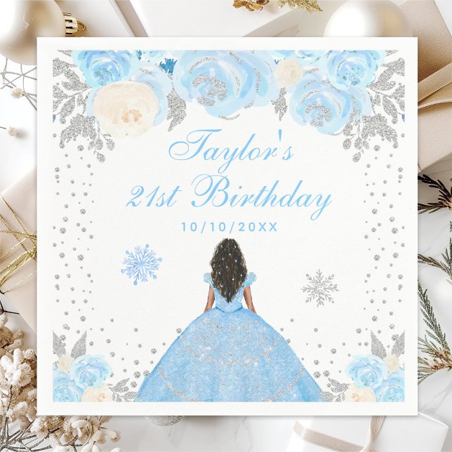 Blue Winter Dark Skin Princess Birthday Party Napkin (Creator Uploaded)