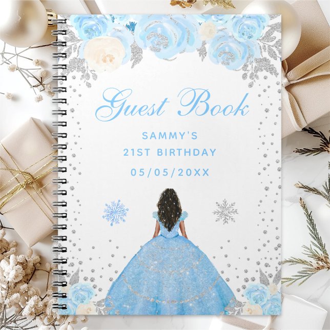 Blue Winter Dark Skin Princess Birthday Party Notebook (Creator Uploaded)