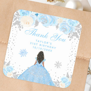 Blue Winter Dark Skin Princess Birthday Party Square Sticker
