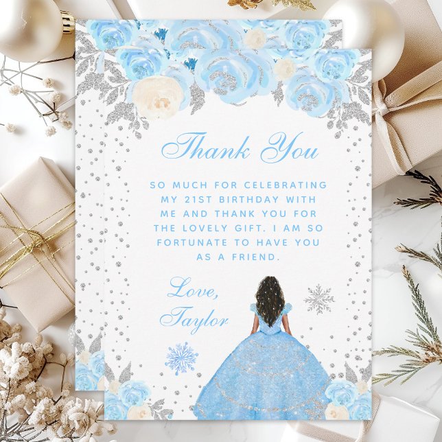 Blue Winter Dark Skin Princess Birthday Party Thank You Card (Creator Uploaded)