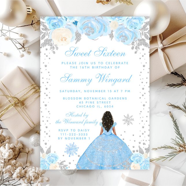 Blue Winter Dark Skin Princess Sweet Sixteen Invitation (Creator Uploaded)
