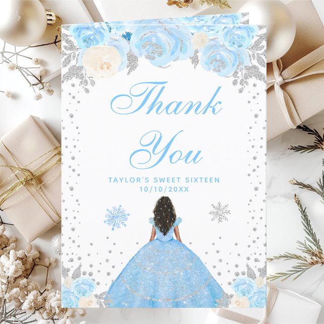 Blue Winter Dark Skin Princess Sweet Sixteen Thank You Card (Creator Uploaded)