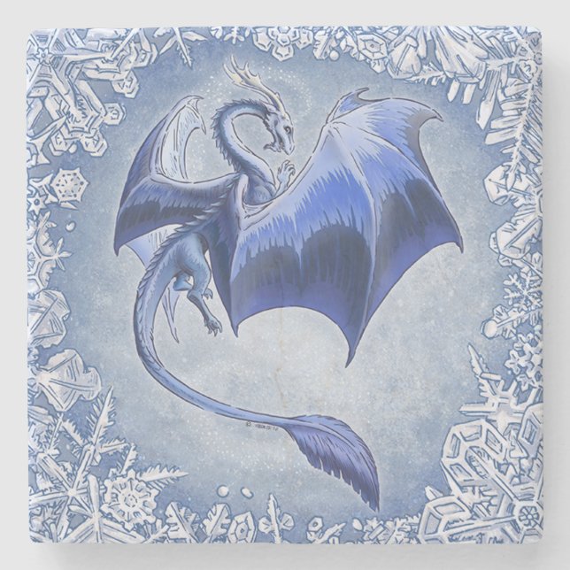 Blue Winter Dragon Fantasy Nature Art Stone Coaster (Front)