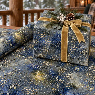 Blue Winter Dusk Sky Gold Berries & Snowfall Wrapping Paper