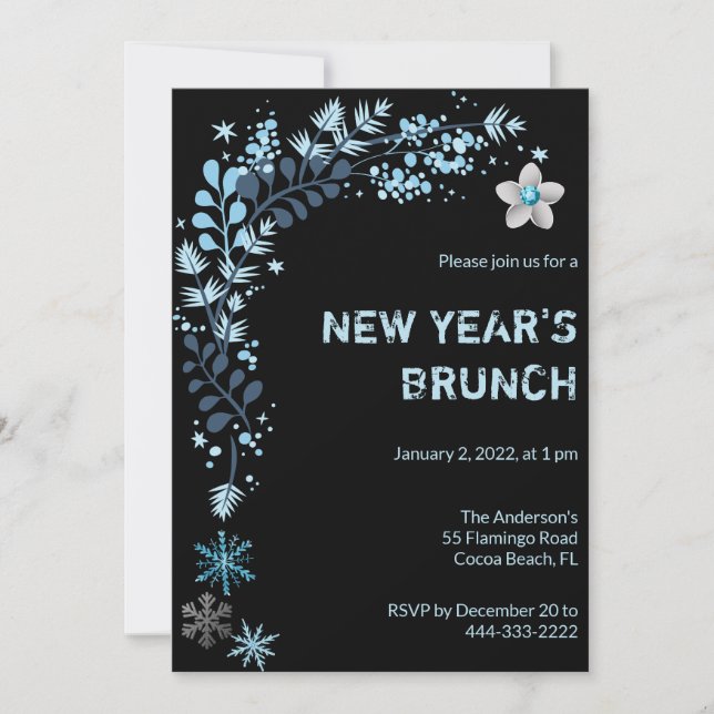 Blue Winter Floral New Years Brunch Invitation (Front)