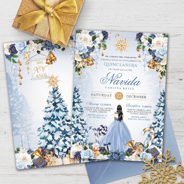 Blue Winter Floral Snow Princess Holiday Quince Invitation (Creator Uploaded)