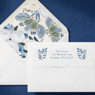 Blue Winter Floral Wedding Return Address Envelope