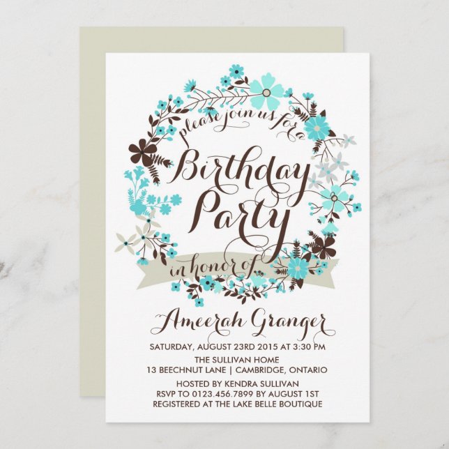 Blue Winter Floral Wreath Birthday Invitation (Front/Back)