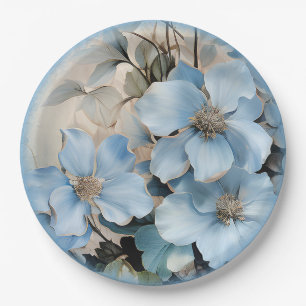 Blue Winter Flowers Paper Plate