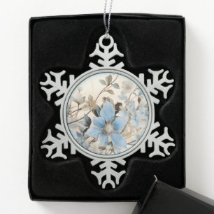 Blue Winter Flowers Snowflake Pewter Christmas Ornament