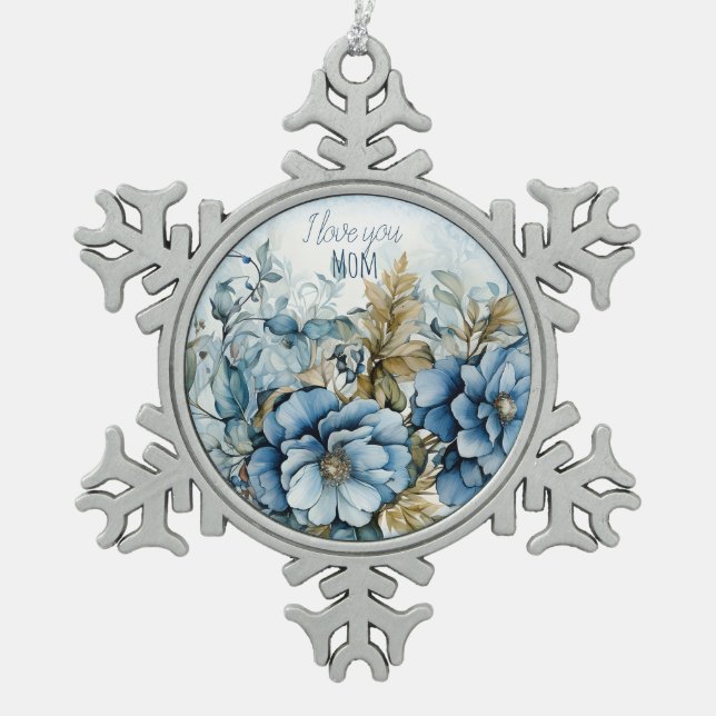 Blue Winter Flowers Snowflake Pewter Christmas Ornament (Front)