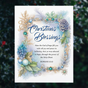 Blue Winter Foliage Frame Bible Verse Christian  Holiday Postcard