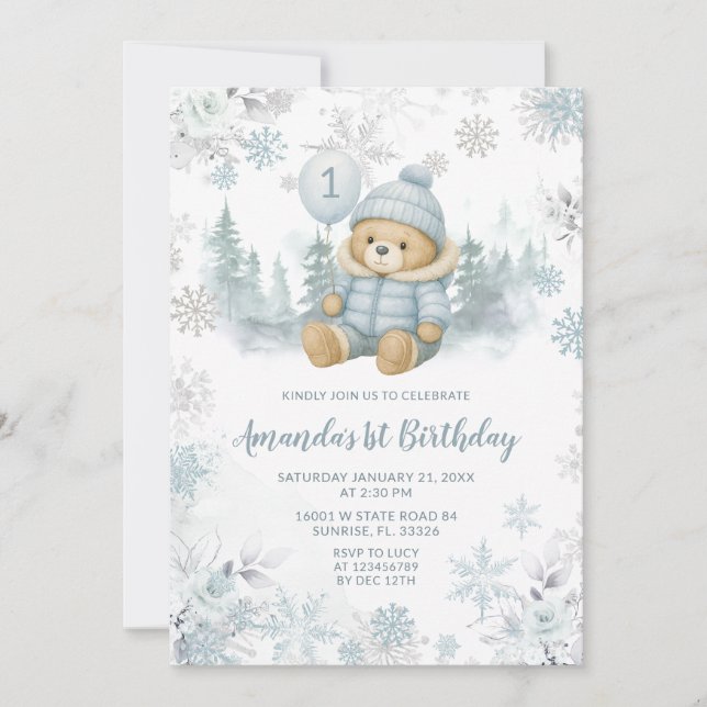 Blue Winter Forest Bear Balloon First Birthday Invitation (Front)