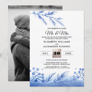 Blue Winter Forest Engagement Party Photo Invitation