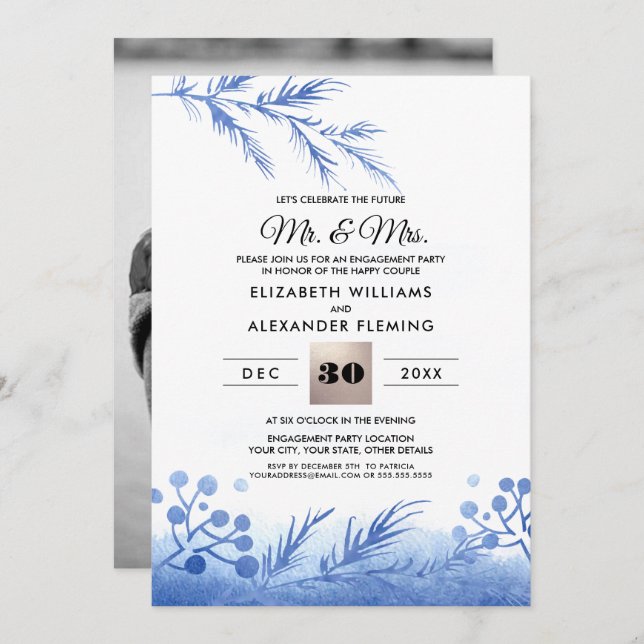 Blue Winter Forest Engagement Party Photo Invitation (Front/Back)