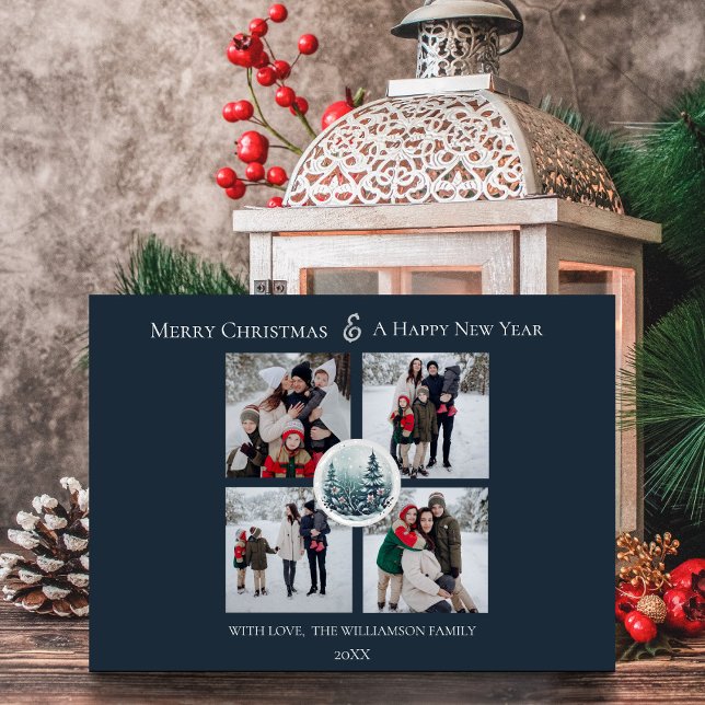 Blue Winter Forest Floral Photo Collage Holiday Card (Creator Uploaded)