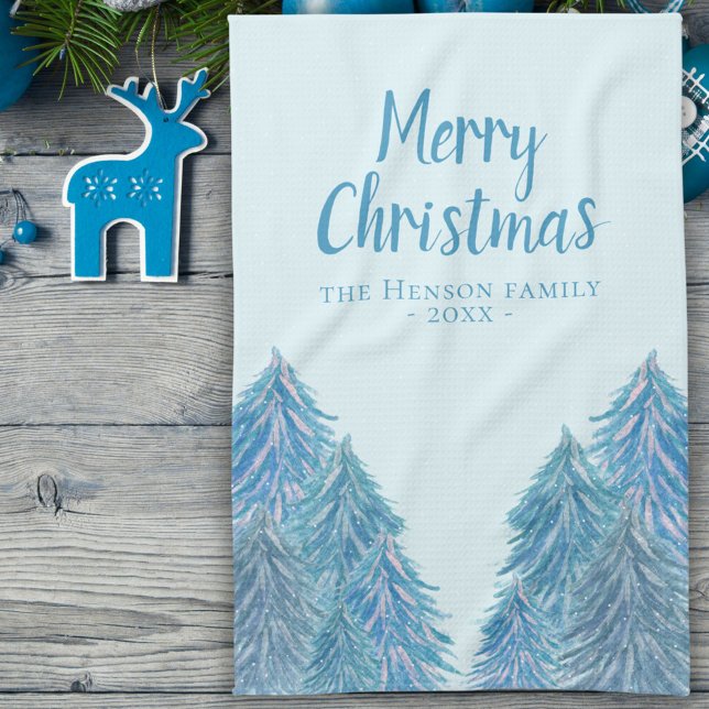 Blue Winter Forest Tree Watercolor Christmas Tea Towel (Creator Uploaded)