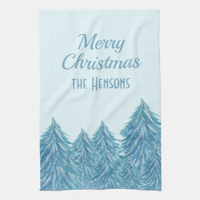 Blue Winter Forest Tree Watercolor Christmas  Tea Towel (Vertical)