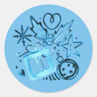 Blue Winter Gift & Holly, Snowflakes & Noel Vibes Classic Round Sticker