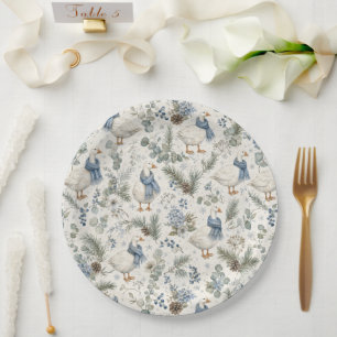 Blue Winter Goose Watercolor Christmas Holiday Paper Plate