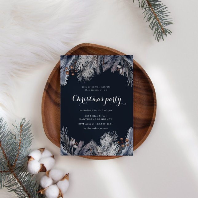 Blue Winter Greenery Christmas Party Invitation (Creator Uploaded)