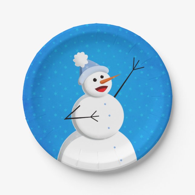 Blue Winter Happy Snowman Paper Plate (Front)