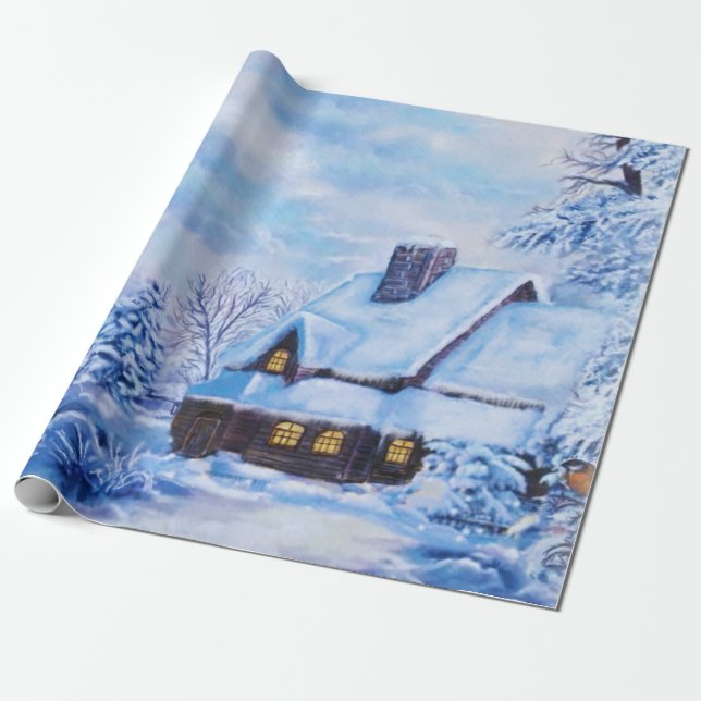 Blue Winter Landscape Cabin Wrapping Paper (Unrolled)