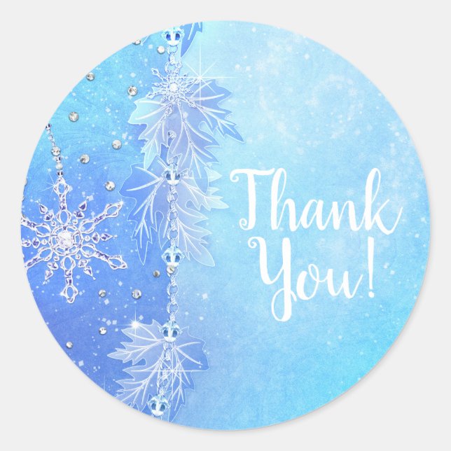 Blue Winter Leaves & Snowflakes Elegant Favour Classic Round Sticker (Front)