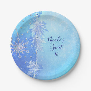 Blue Winter Leaves & Snowflakes Elegant Party Paper Plate