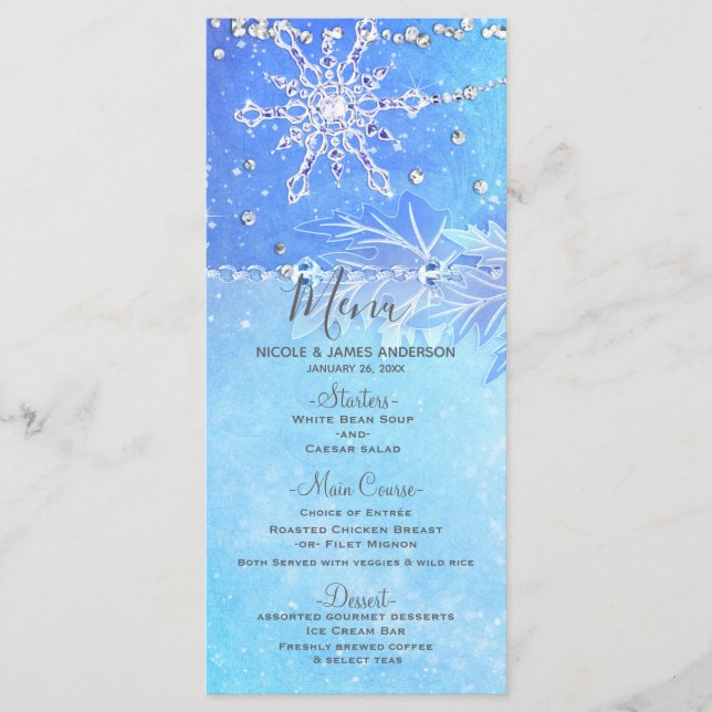 Blue Winter Leaves & Snowflakes Wedding Menu (Front)