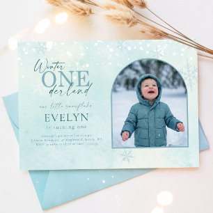 Blue Winter ONEderland Arch Photo First Birthday Invitation