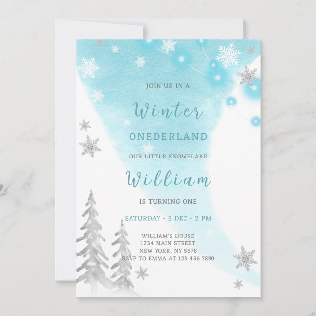 Blue Winter Onederland Birthday Invitation (Front)