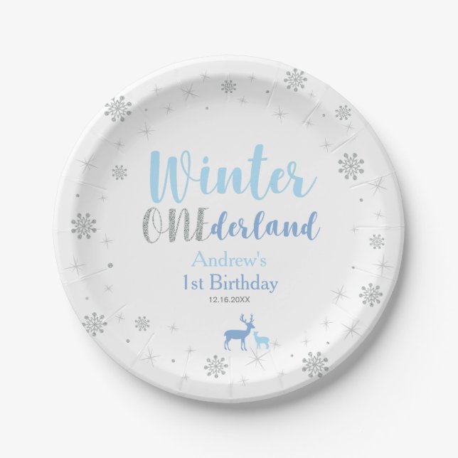 Blue Winter Onederland Boy 1st Birthday Party Paper Plate (Front)