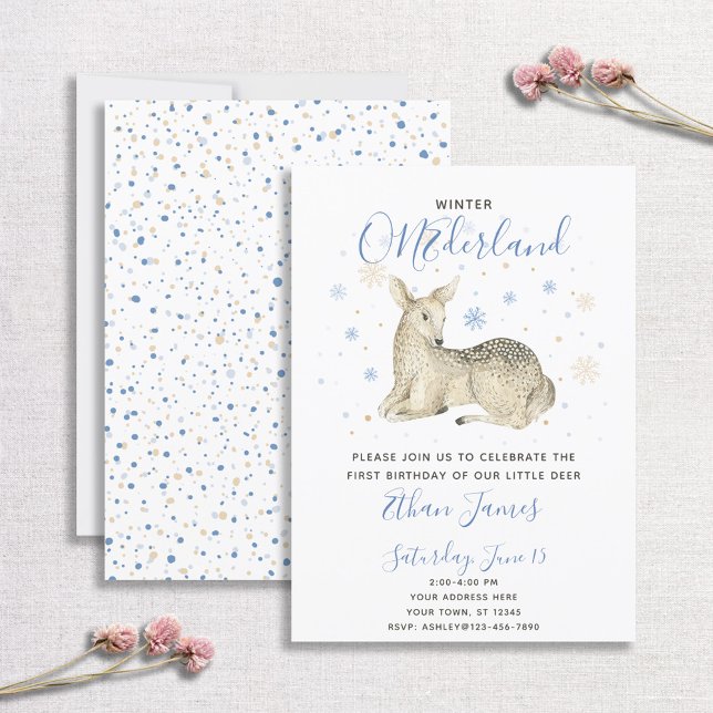 Blue Winter ONEderland Deer Baby's 1st Birthday Invitation (Creator Uploaded)