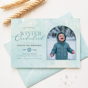 Blue Winter Onederland First Birthday Arch Photo Invitation