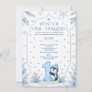 Blue Winter ONEderland Penguin Snowflake Birthday Invitation