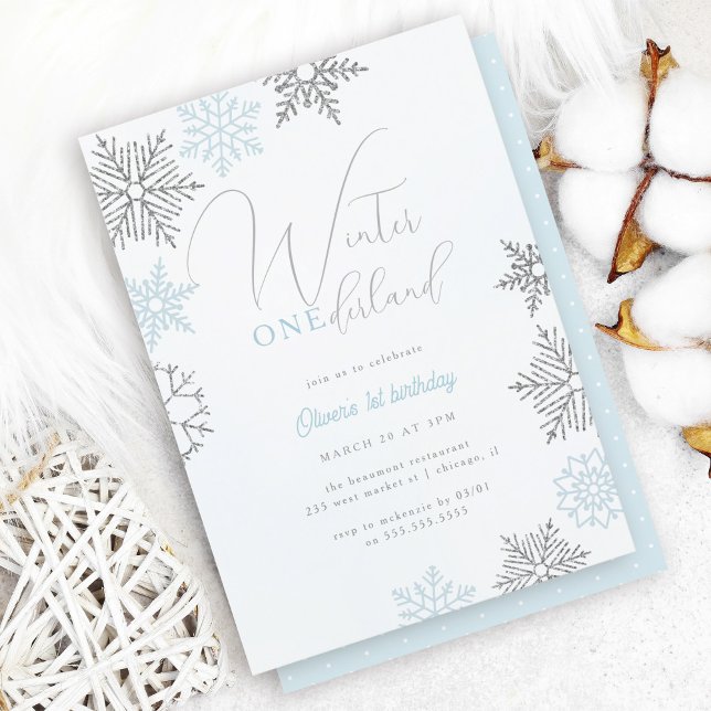 Blue Winter Onederland Silver Glitter 1st Birthday Invitation (Creator Uploaded)