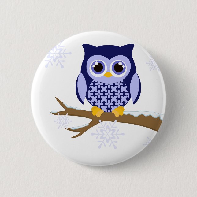 Blue winter owl 6 cm round badge (Front)