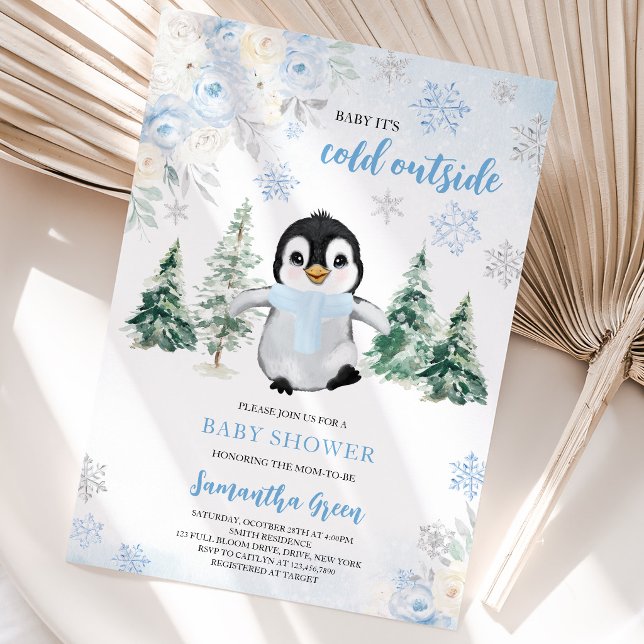 Blue Winter Penguin Baby Shower Invitation (Creator Uploaded)