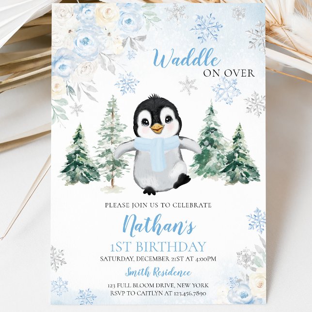 Blue Winter Penguin Birthday Party Invitation (Creator Uploaded)