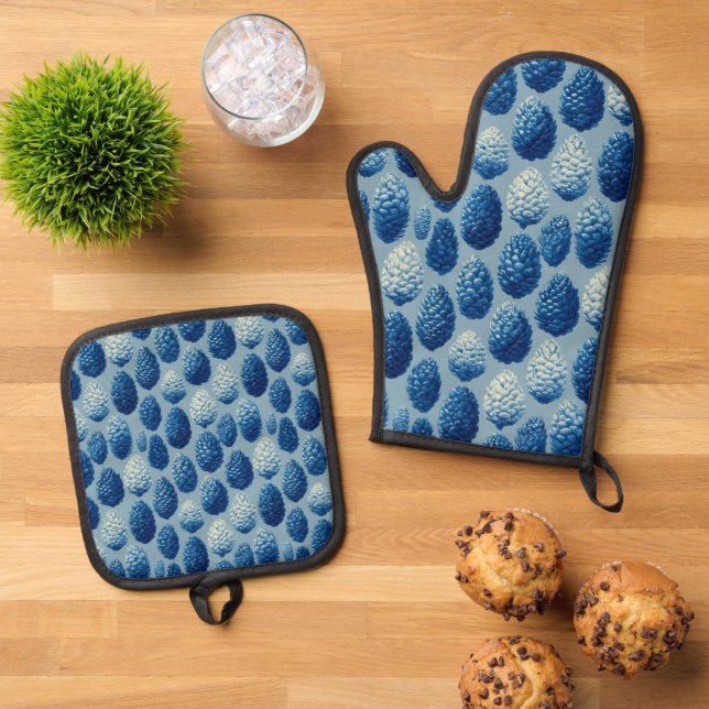 Blue Winter Pine Cone Pattern Oven Mitt & Pot Holder Set (Top Down)