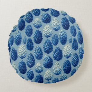 Blue Winter Pine Cone Pattern Round Cushion