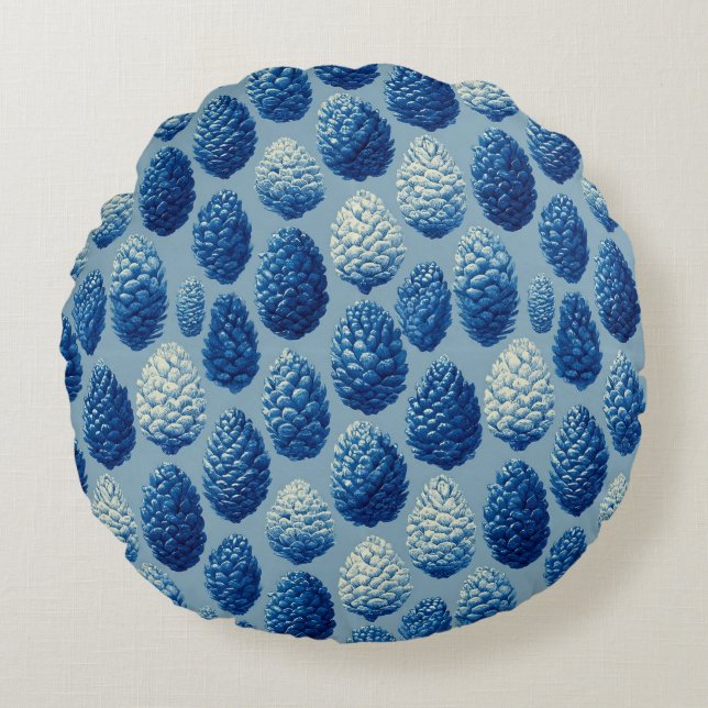 Blue Winter Pine Cone Pattern Round Cushion (Front)