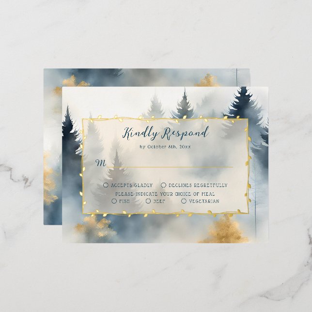 Blue Winter Pine Tree Forest Wedding RSVP Card (Front/Back)
