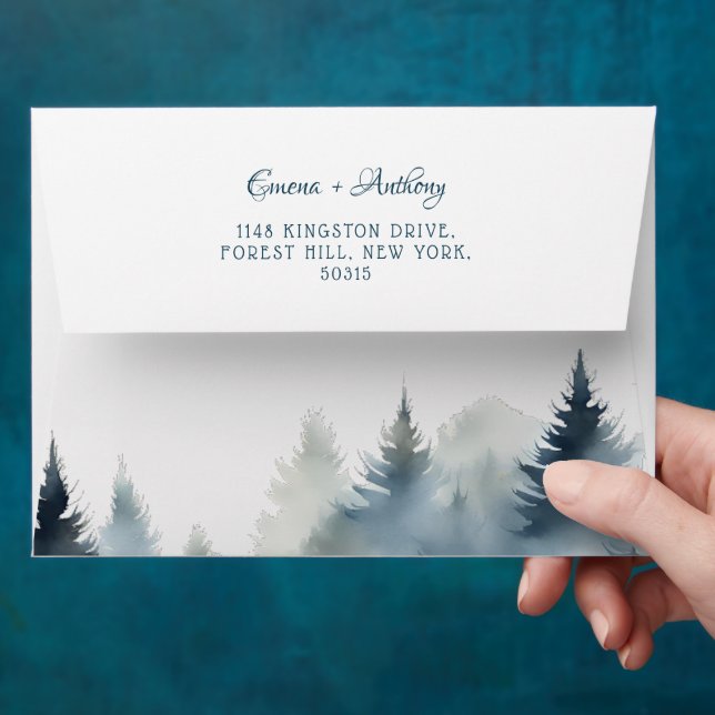 Blue Winter Pine Tree Forest Woodland Wedding  Envelope (Hand)