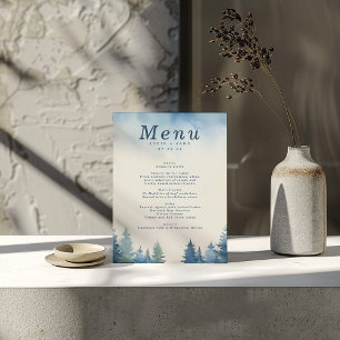 Blue winter pine trees wedding menu
