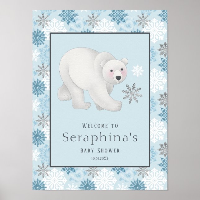 Blue Winter Polar Bear Baby Shower Welcome Poster (Front)