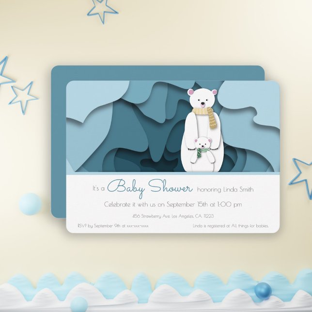 Blue Winter Polar Bear Gender Neutral Baby Shower Invitation (Creator Uploaded)